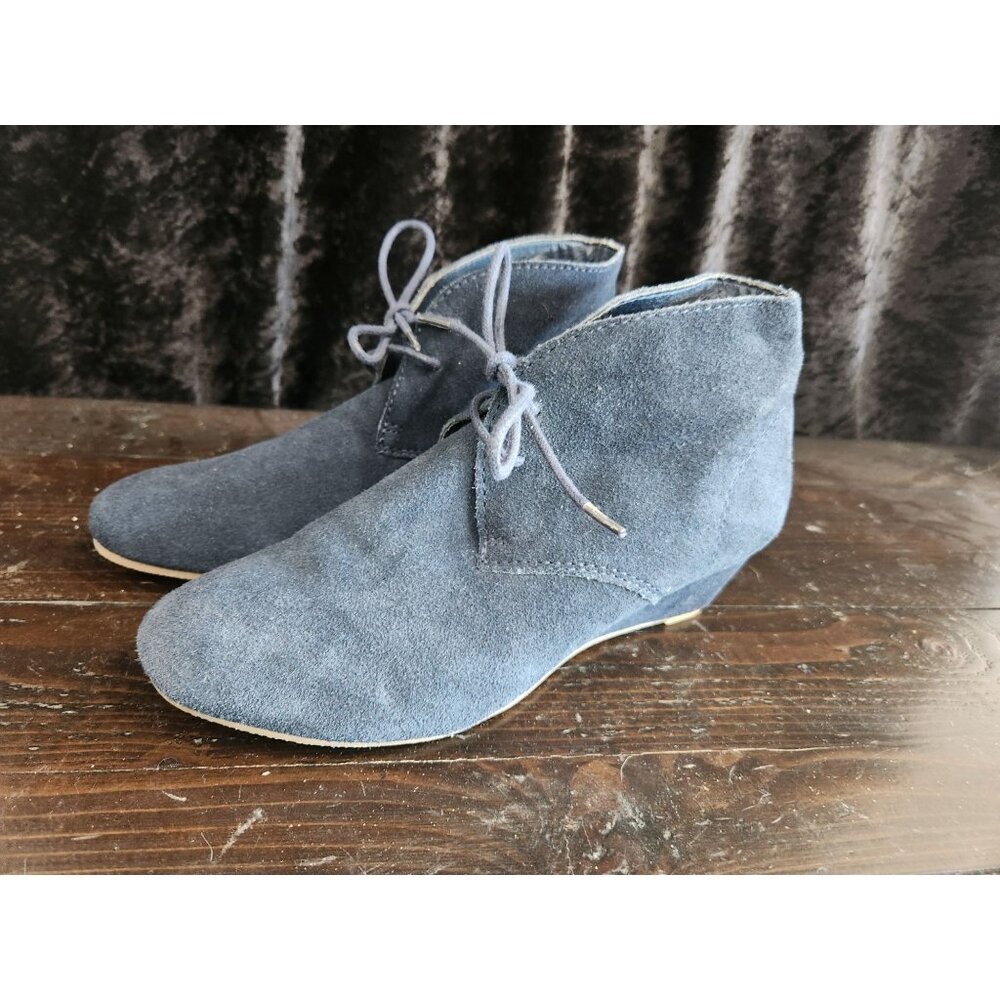 Crown Vintage Short Wave Wedge Ankle Bootie Dark Blue Suede Leather 8.5M Womens